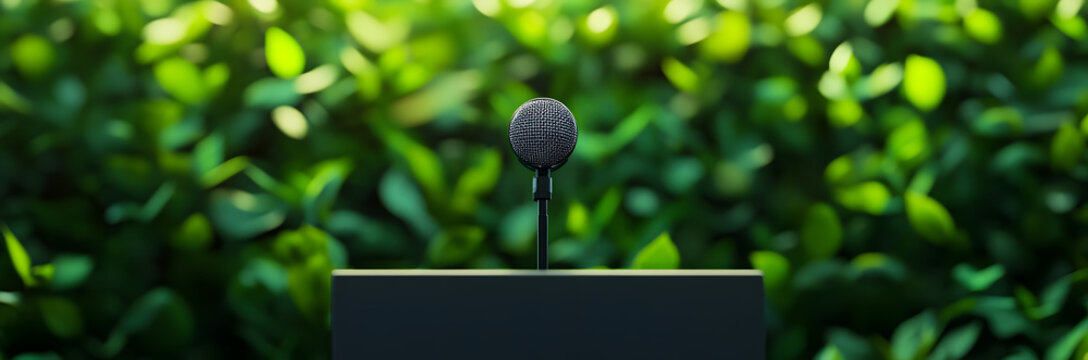 Microphone on empty podium with vibrant green foliage background, conference speech, environmental awareness event