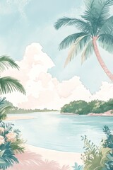 Detailed Gouache Illustration of National Park Sunny Morning with Soft Pastel Colors Vintage Vogue