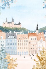 Detailed Gouache Illustration of Oslo in Norway on a Sunny Morning with Soft Pastel Colors and Vintage Vogue Feel