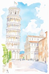 Detailed Gouache Illustration of Pisa Italy Sunny Morning Soft Pastel Colour Palette Vintage Vogue
