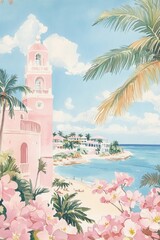 Detailed Gouache Illustration of Sunny Morning in Nassau with Soft Pastel Colors Vintage Vogue