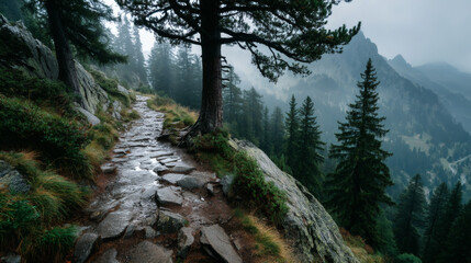Misty mountain trail adventure pine forest landscape nature photography foggy environment serene view