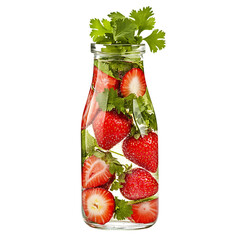 Strawberries and Cilantro in Sparkling Water Isolated on Transparent Background