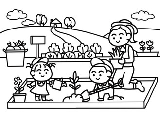 Family do gardening together coloring pages style.