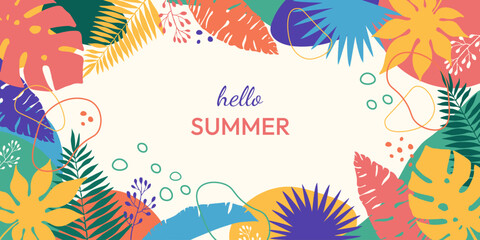Summer web banner template with abstract tropical leaves in flat design. Vector season background with floral silhouettes for sales, events, holidays, promotions.