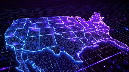U.S.A. Map of Digitalization: A detailed and futuristic rendering of the U.S.A. map illuminated with a glowing neon light effect, showing advanced digital connectivity