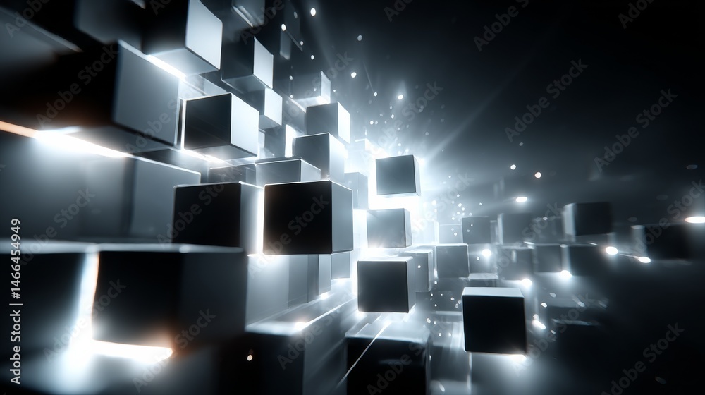 Poster Abstract Arrangement of Cubes with Light Streaks and Shadows, Creating a Three-Dimensional Space