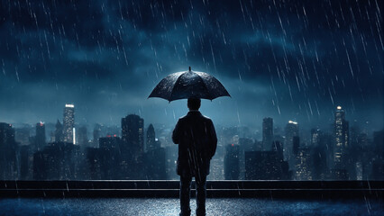 夜のビルの屋上で傘をさす男性のシルエット