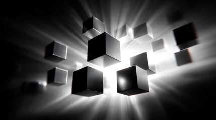 Abstract Arrangement: Sleek Black Cubes Floating in a Dramatic Light, Modern and Minimalist Design