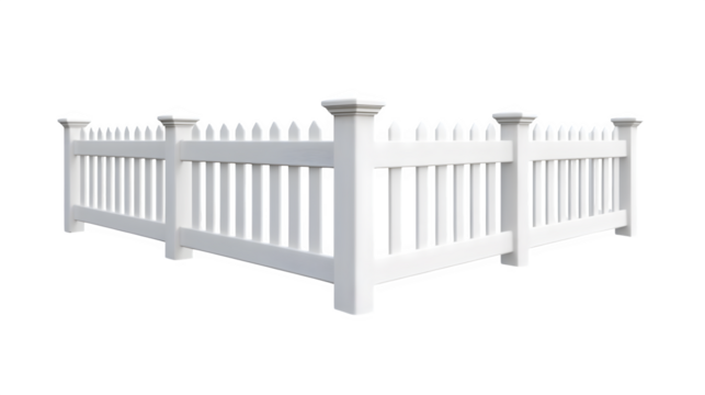 Corner section Transparent vinyl picket fence, post and two connecting panels 90 degrees, hyperrealistic rendering, isolated on Transparent Background