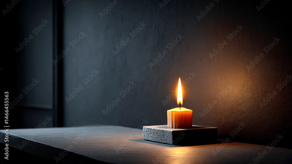 Poster candlelight in darkness: a single candle illuminates a dark surface in a quiet and contemplative sti