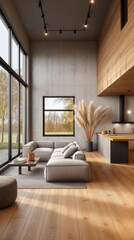 A spacious, modern living room with large windows, a comfortable sectional sofa, wooden flooring, and a stylish kitchen area. Natural light enhances the warm, inviting atmosphere.