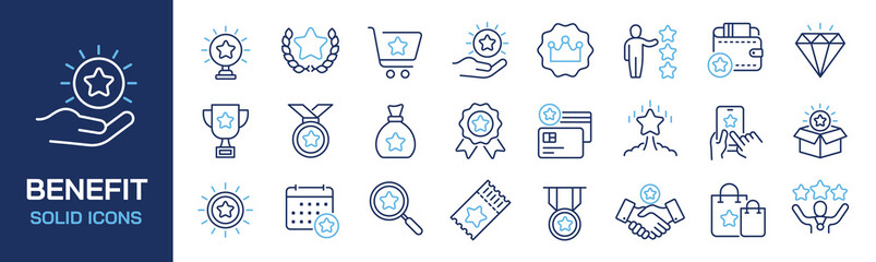 Set of collection line icons related benefit, bonus, reward, intensive. Editable stroke. Perfect pixel on transparent background