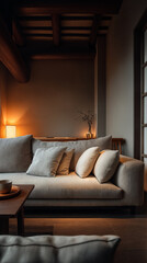 A warm, inviting living room with a beige sofa, soft cushions, a wooden coffee table, and ambient lighting from a table lamp, creating a cozy atmosphere.

