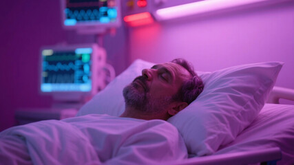 A middle-aged man with a short beard lying peacefully in a hospital bed, wearing a white patient gown.