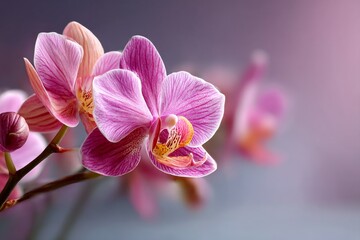 Naklejka premium Elegant Pink Orchid Blossom: A Close-Up Portrait of Delicate Petals and Soft Pastel Background