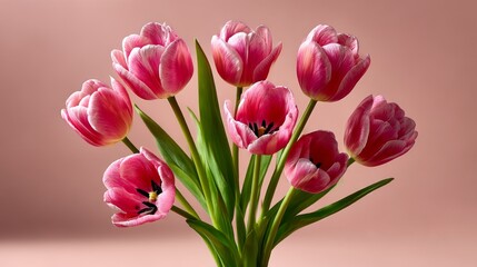Obraz premium Elegant Pink Tulips Bouquet on a Soft Rose Background, a Floral Still Life that Captures the Beauty of Spring