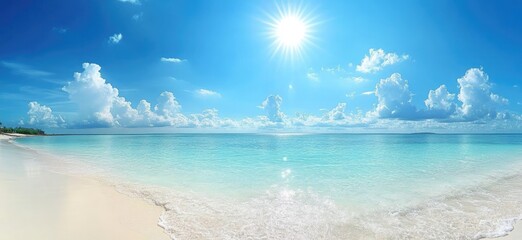 Fototapeta premium Tranquil turquoise sea meets pristine white sand beneath a bright sunny sky with fluffy clouds
