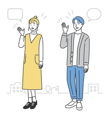 young couple, explaining, full body, vector illustration