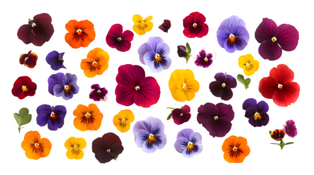 Photorealistic arrangement of realistic edible flowers (pansies, violas, nasturtiums) scattered artfully as if decorating a plate, top-down view, isolated on Transparent Background