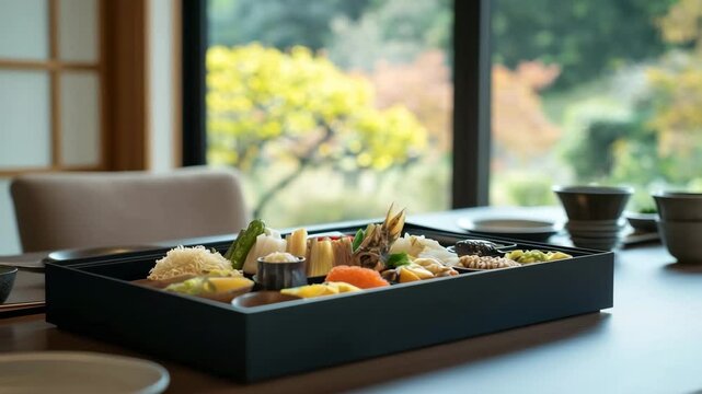 窓辺で楽しむ美しい和食の弁当
