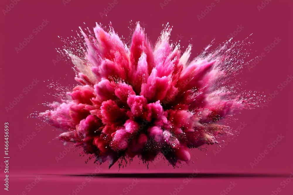 Poster pink powder explosion: a dynamic burst of color and motion on a solid backdrop with particles scatte