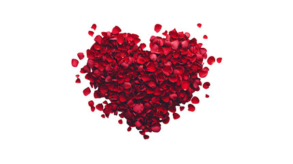 Photorealistic flat lay: Realistic red rose petals scattered artfully to form a heart shape, top-down view, isolated on Transparent Background