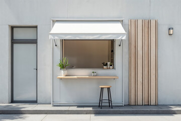 Minimalist coffee kiosk with to-go window showcasing modern architectural design in a city setting