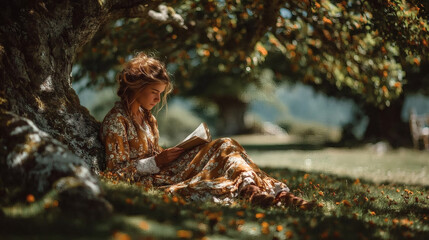 Obraz premium Young woman reading a book in a green park under a tree relaxing outdoor scene serene view