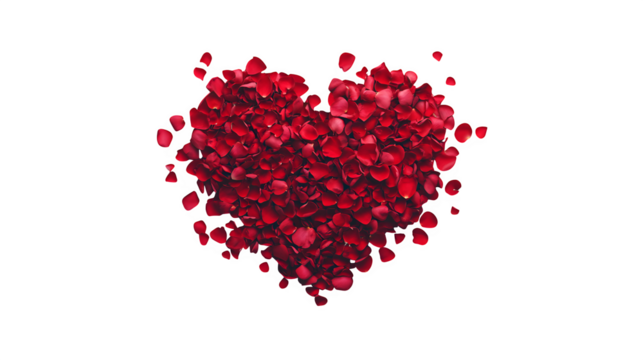 Photorealistic flat lay: Realistic red rose petals scattered artfully to form a heart shape, top-down view, isolated on Transparent Background