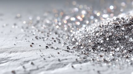 Silver Sparkle:  A closeup shot of a pile of glittering silver glitter with an abstract background blur, sparkling and shimmering in the light.