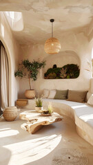 Eco Style Wabi Sabi Balcony Interior Design With Organic Sofa And Natural Clay and Wooden Textures