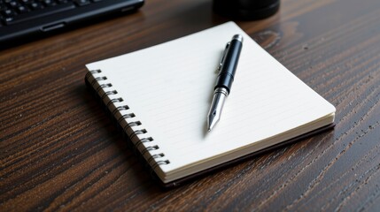 Elegant Fountain Pen Resting on Blank Spiral Notebook with Laptop in Background for Creative Work and Inspiration