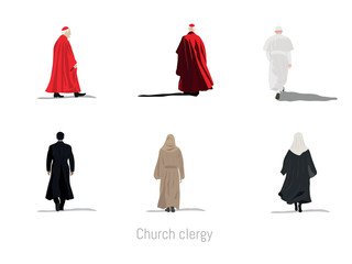 Church clergy walking away, showing their backs