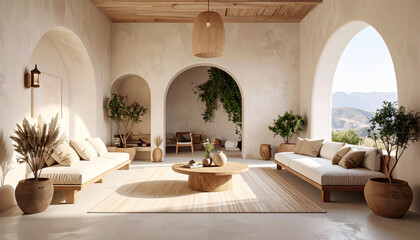 Eco Style Wabi Sabi Balcony Interior Design With Organic Sofa And Natural Clay and Wooden Textures
