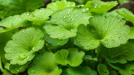 Close up of green leaves adorned with morning dew drops in natural daylight setting