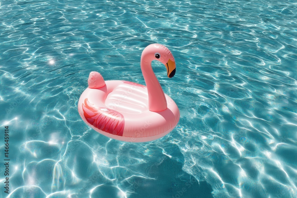 Poster bright pink flamingo float drifts gracefully on a sparkling blue pool in the summer sunshine generat