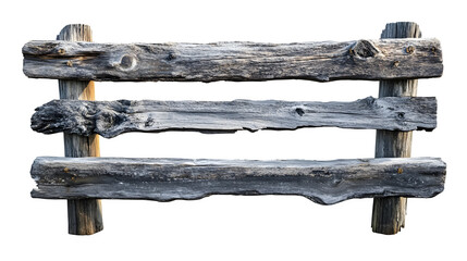 Rustic split rail fence section, 3 rough-hewn rails, aged wood texture, weathered grey, ultra HD photo, hyperrealistic, isolated on Transparent Background