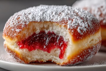 Sweet Bite of Joy: A close-up shot reveals a delicious, sugar-dusted donut, its vibrant jam filling peeking through a single, enticing bite mark, inviting all viewers to taste this sweet delight.