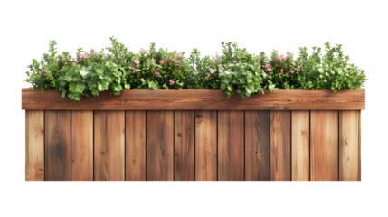 Redwood fence section integrated planter box frame at top, photorealistic image, ultra HD, isolated on Transparent Background