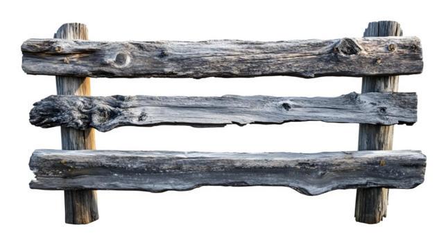 Rustic split rail fence section, 3 rough-hewn rails, aged wood texture, weathered grey, ultra HD photo, hyperrealistic, isolated on Transparent Background