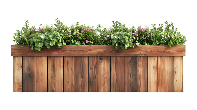 Redwood fence section integrated planter box frame at top, photorealistic image, ultra HD, isolated on Transparent Background