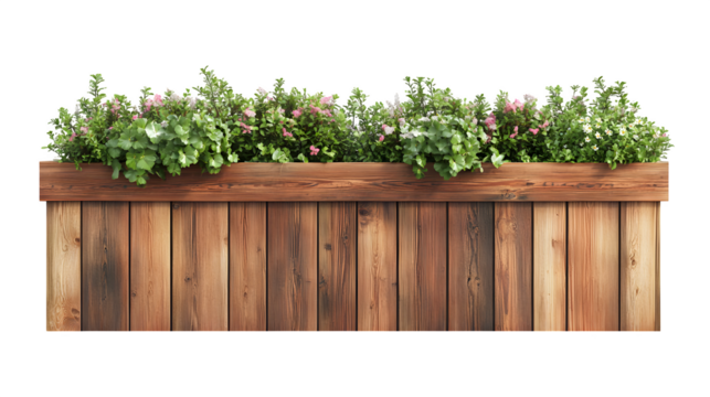 Redwood fence section integrated planter box frame at top, photorealistic image, ultra HD, isolated on Transparent Background