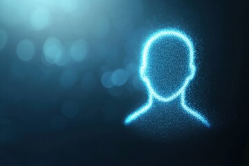 A glowing blue human head silhouette against a dark background with bokeh effects and particle details