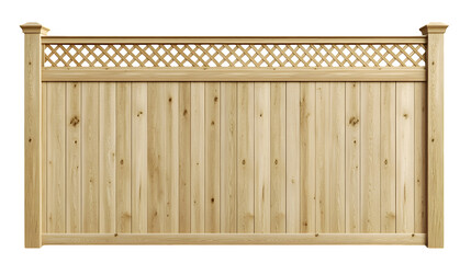 Tall privacy fence section, square lattice top panel accent, stained light oak, photorealistic image, ultra HD, isolated on Transparent Background