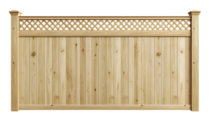 Tall privacy fence section, square lattice top panel accent, stained light oak, photorealistic image, ultra HD, isolated on Transparent Background