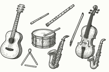 Hand drawn musical instruments sketch set Vector
