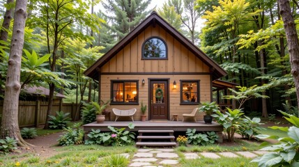 Charming Wooden Cottage Surrounded by Lush Greenery in a Peaceful Forest Setting for Cozy Getaway