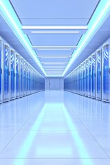 A futuristic server room with rows of sleek, blue-lit data storage units.  Clean, bright, and technologically advanced