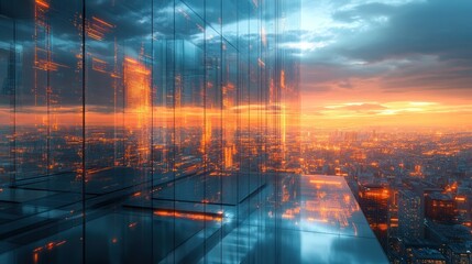 Fototapeta premium Modern cityscape reflected in a glass skyscraper at sunset